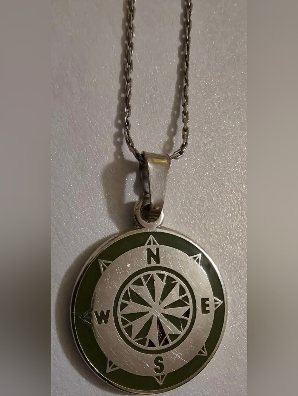 Silver Toned Alex & Ani Compass Pendant Necklace Olive Accents. Adjustable Chain